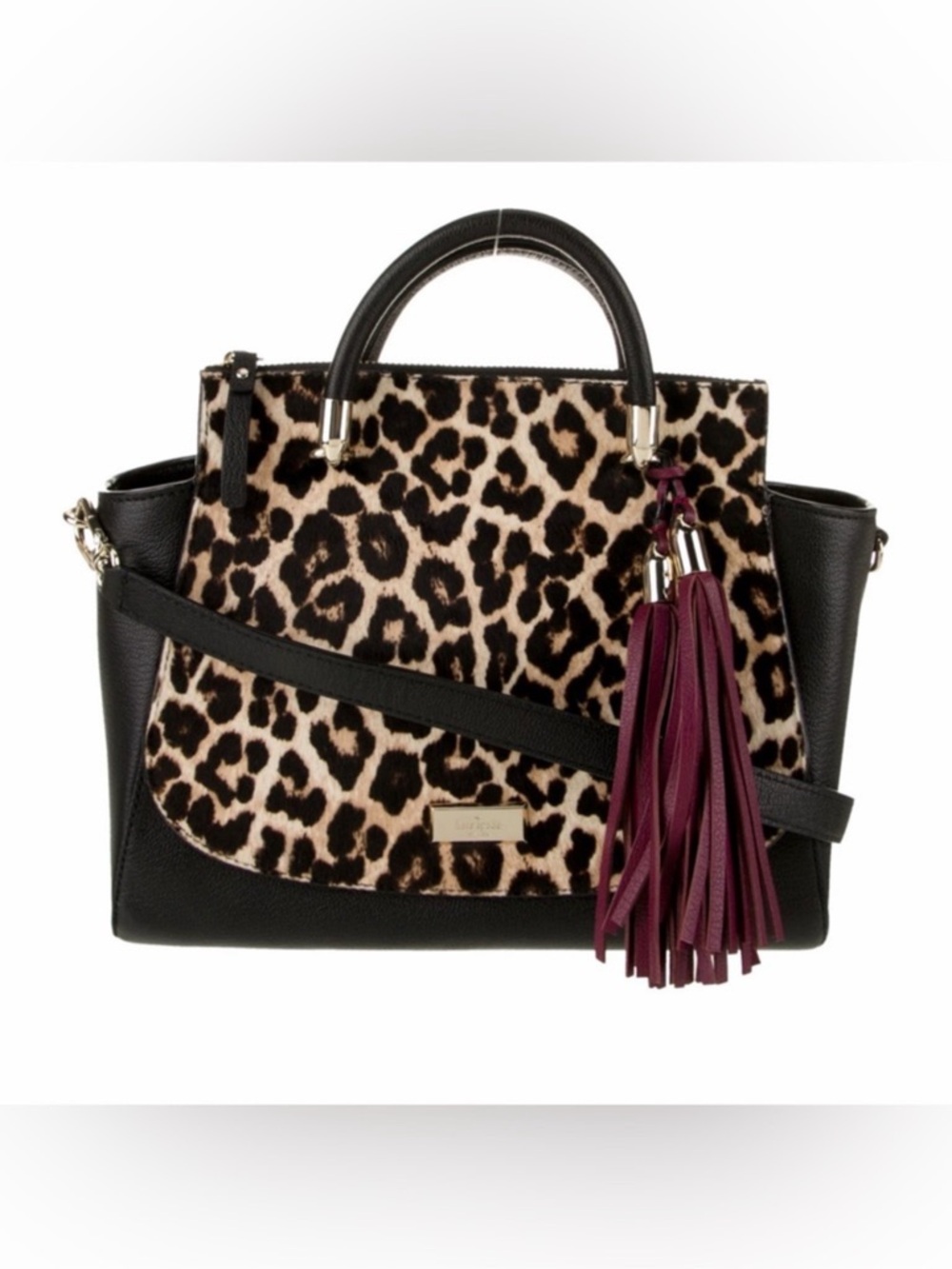 kate spade Leopard Print Satchel with Black Trim and Plum Tassel